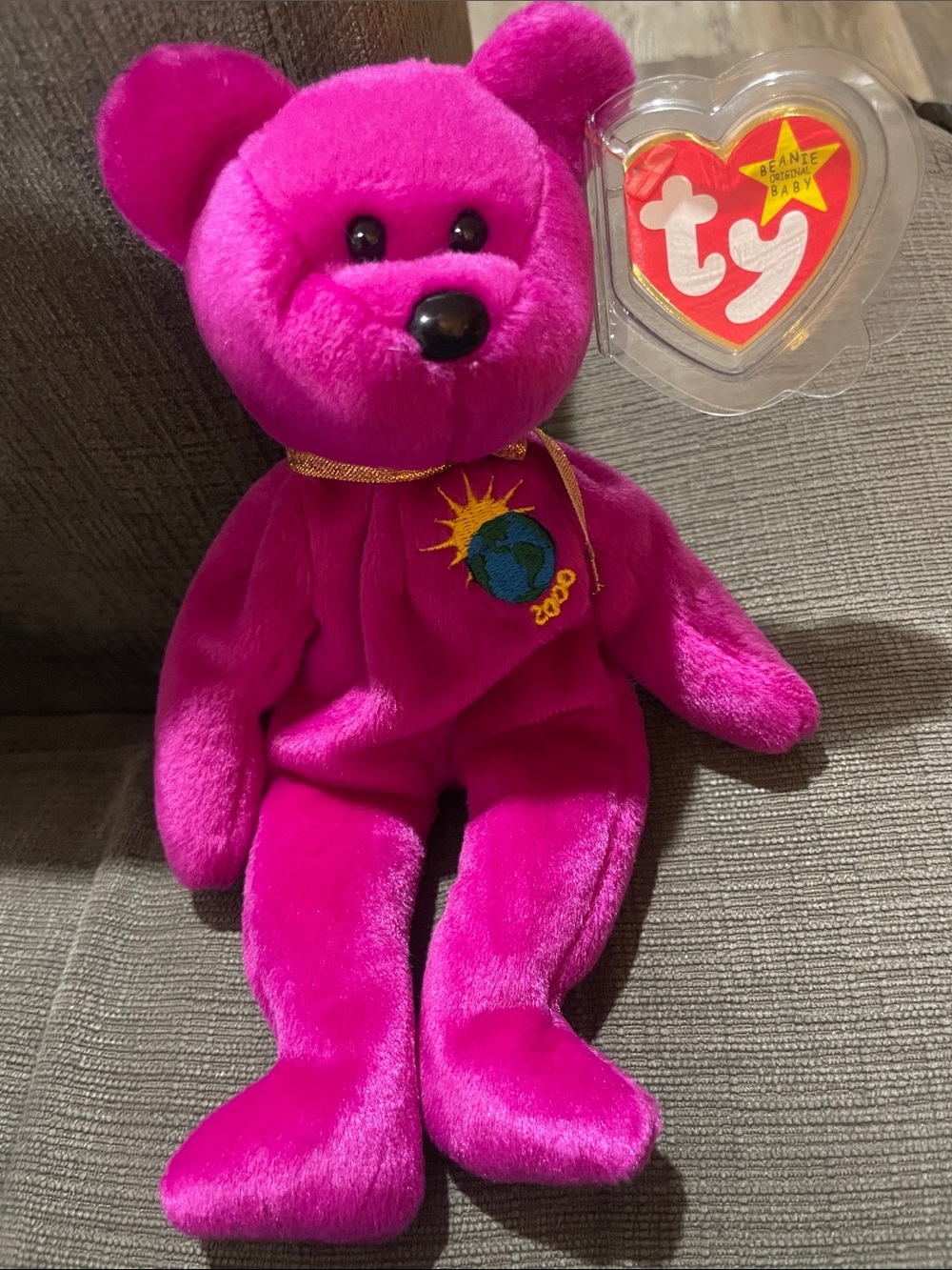 Ty Bright Pink 2000 Commemorative Plush Bear with Gold Ribbon